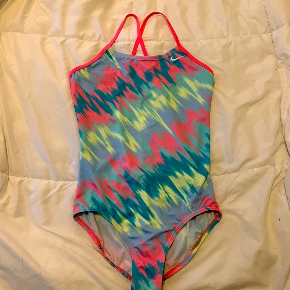 Nike multi color one piece bathing suit. Girls size 12-14 Large